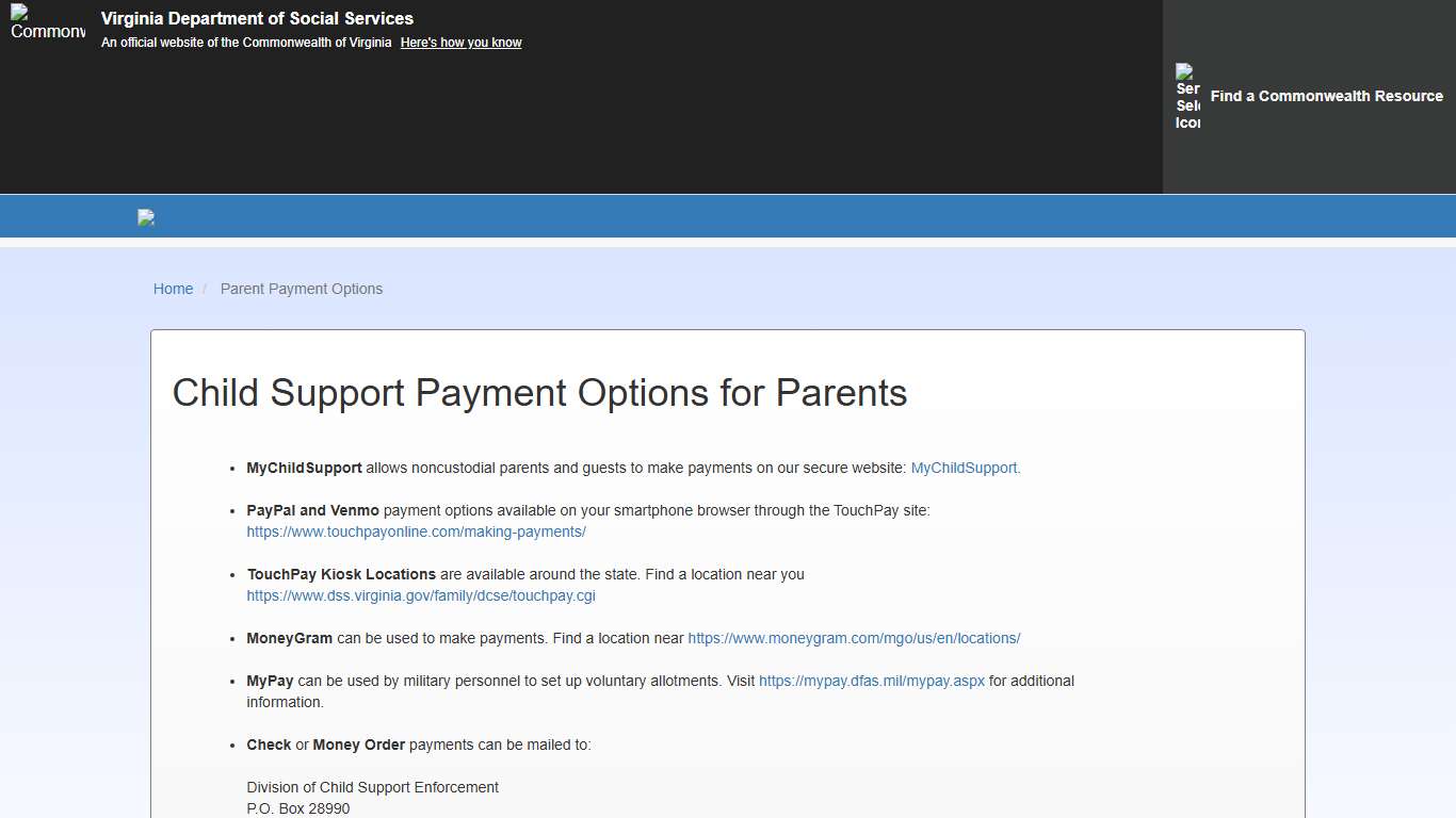 MyChildSupport Parent Payment Options