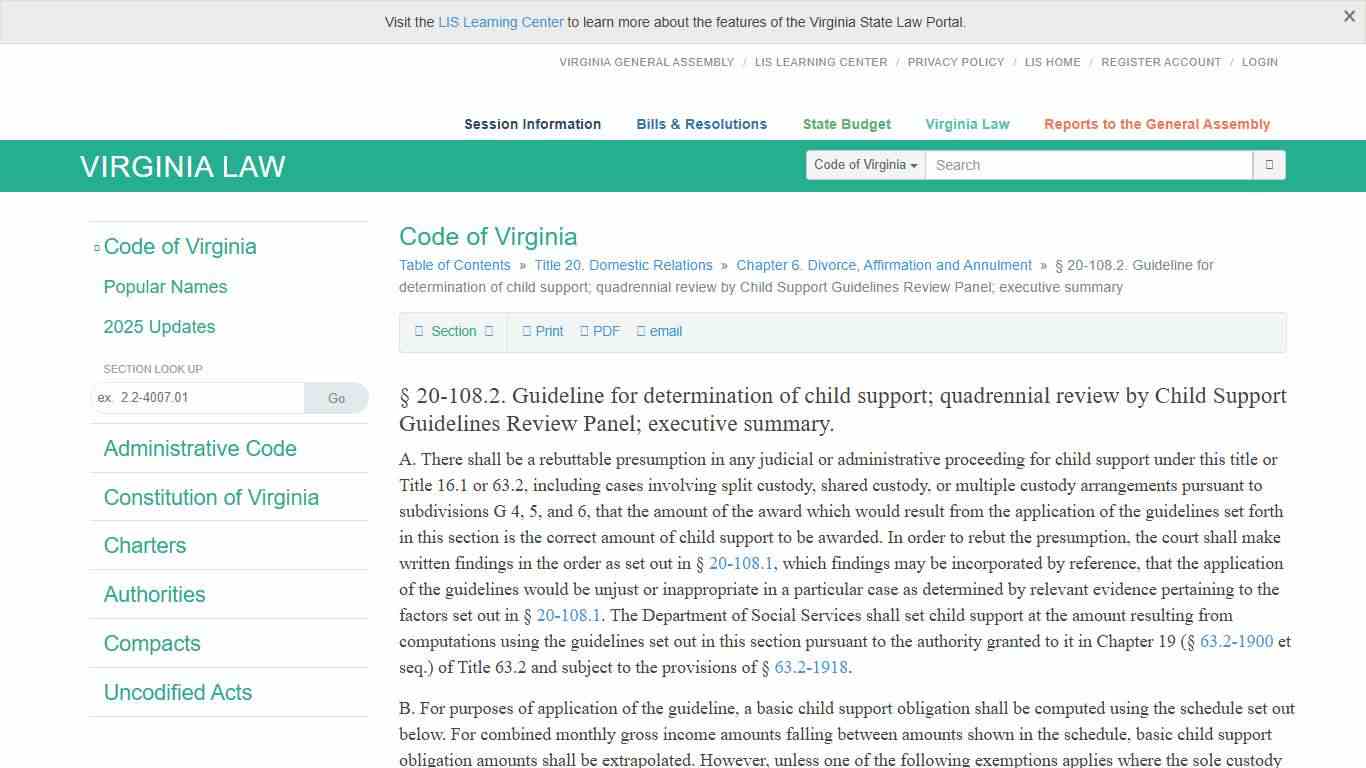 § 20-108.2. Guideline for determination of child support; quadrennial review by Child Support Guidelines Review Panel; executive summary